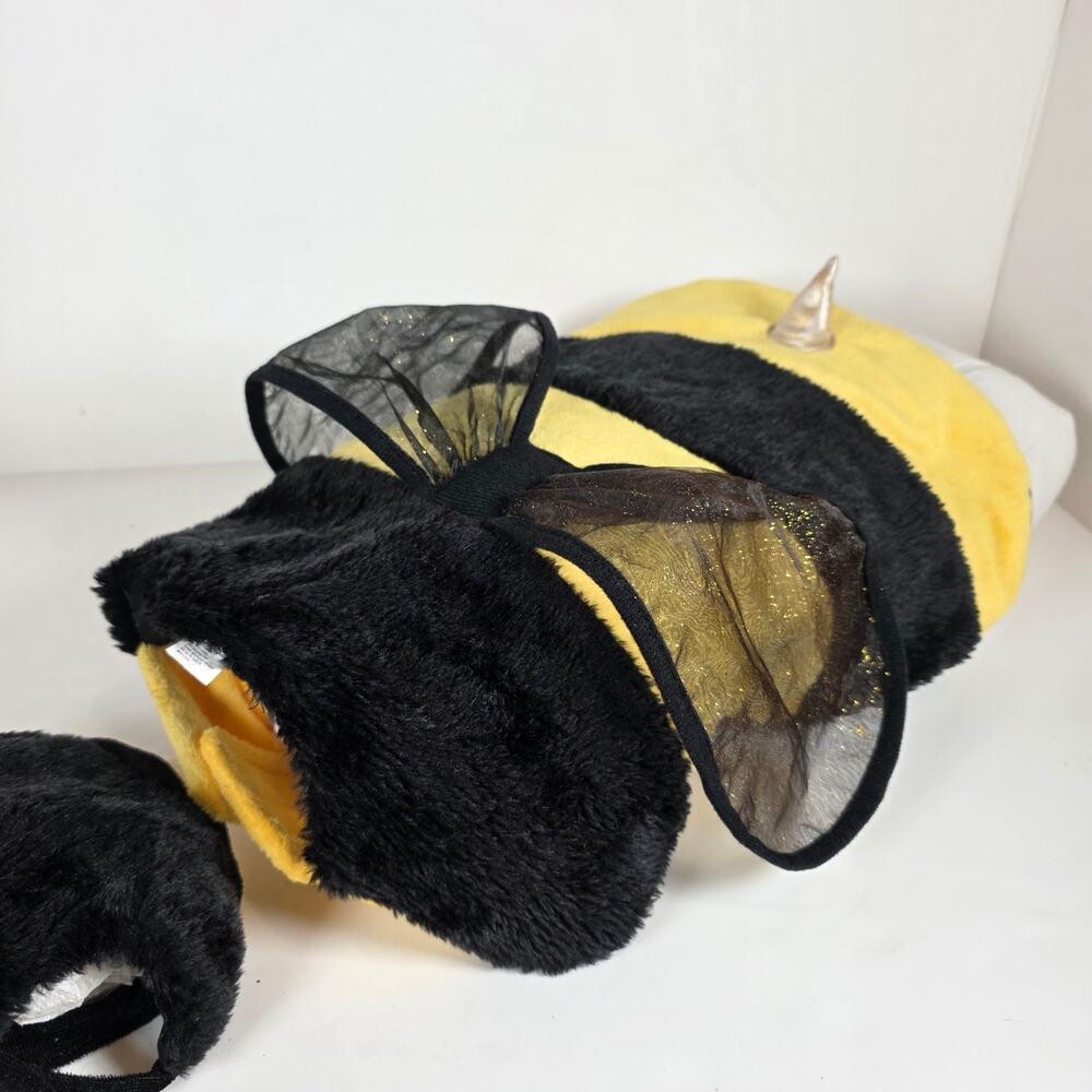 Pet Halloween Fluffy Bumble Bee Costume Sz M Black & Yellow Stripes Sheer Wings